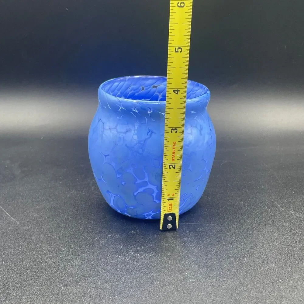 Vintage Blue Mottled Art Glass Tumbler Vase Set Hand Blown Rough Pontil Mark MCM